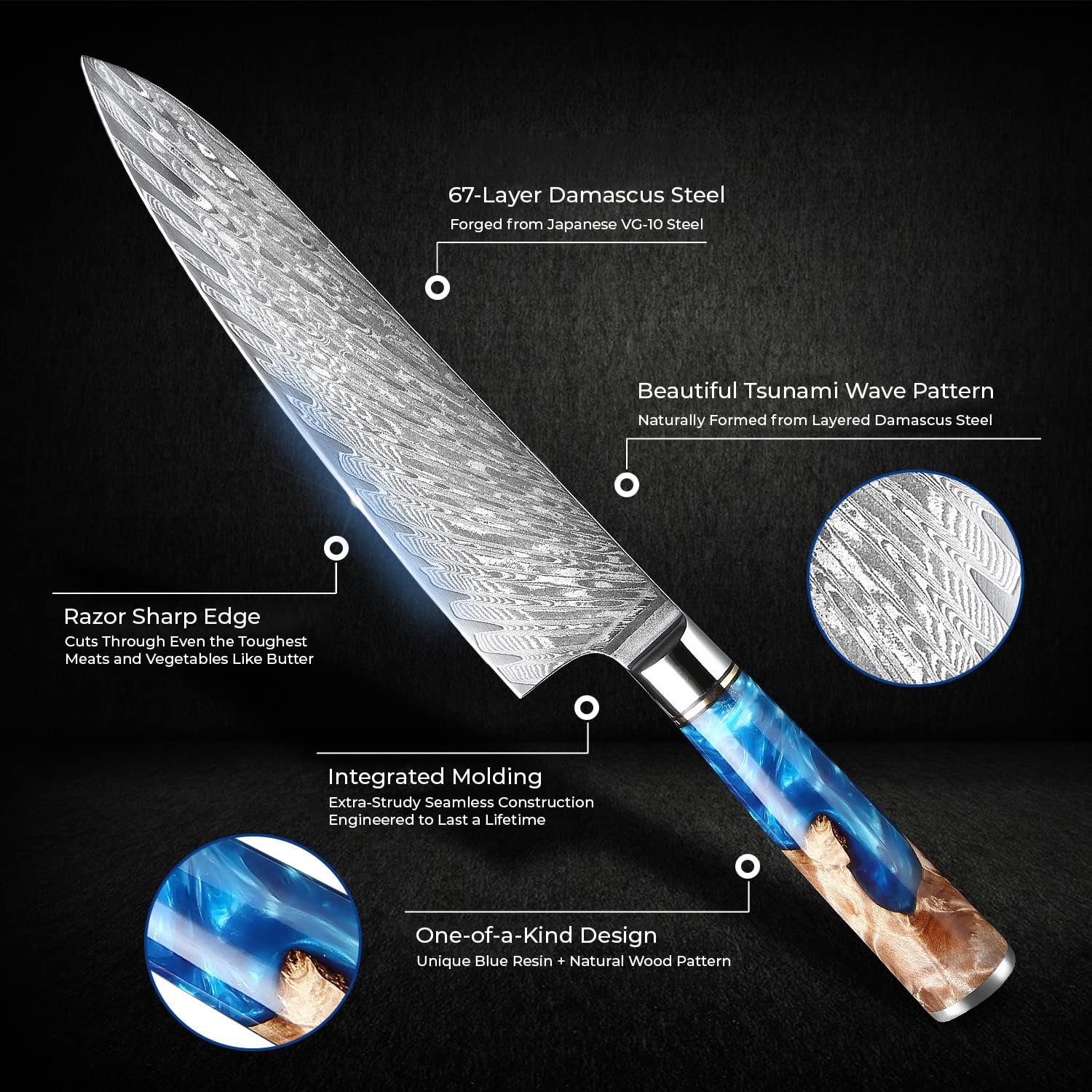 SENKEN 7-Piece Damascus Kitchen Knife Set - Tsunami Collection - 67-Layer Japanese VG10 Steel - Chef's Knife